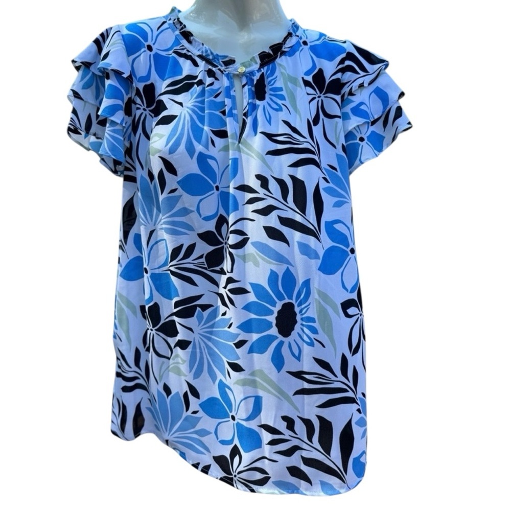 Liz Clairborne Short Sleeve Flutter Floral Blouse Blue/Black Blouse Sz 1X